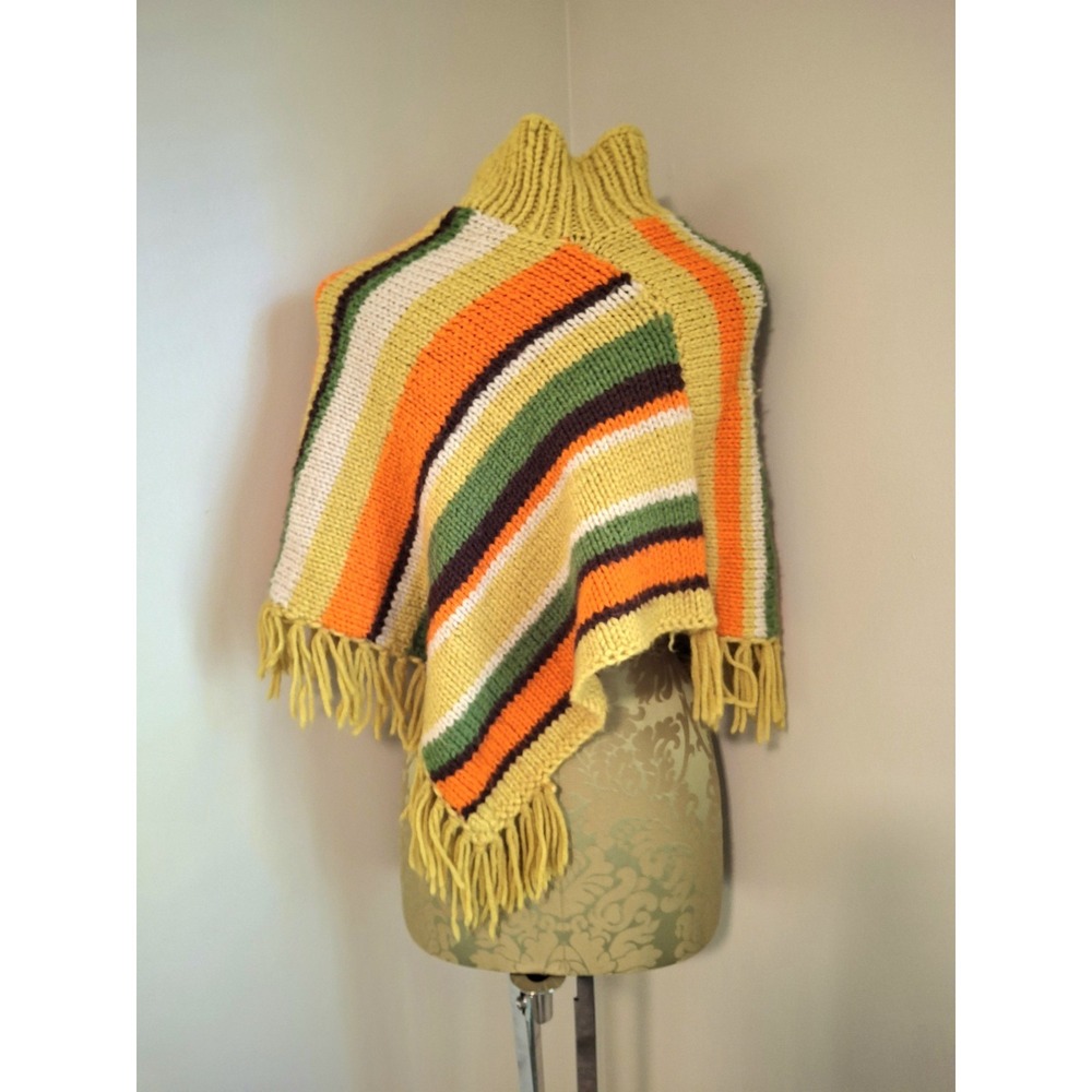 70s Vintage Handmade Handknit Poncho Turtleneck Shawl OS Fall Cottagecore